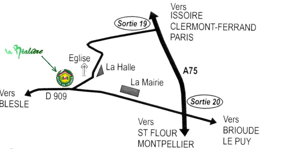 Plan d'accès depuis l'A75 des chambres d'hôtes La Béalière
